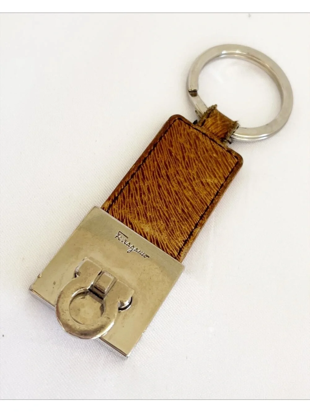 Salvatore Ferragamo Tan Leather Keyring with Silver-Tone Hardware